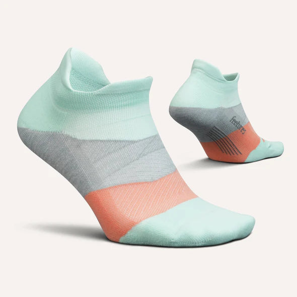 Elite Ultra Light Cushion No Show Tab - 2023 by Feetures in light teal, grey, and coral, cushioned anatomical running socks for performance and comfort