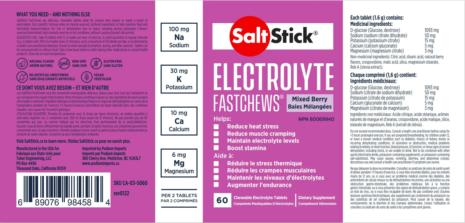 Saltstick Fastchews 60-Tab Bottle in mixed berry by Saltstick, chewable electrolyte tablets with sodium, potassium, magnesium, calcium for hydration and muscle support
