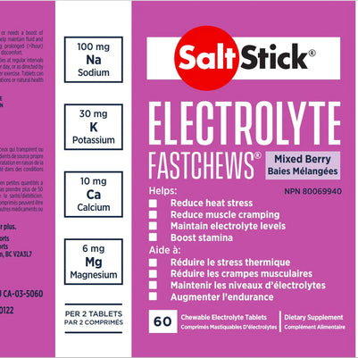 Saltstick Fastchews 60-Tab Bottle in mixed berry by Saltstick, chewable electrolyte tablets with sodium, potassium, magnesium, calcium for hydration and muscle support