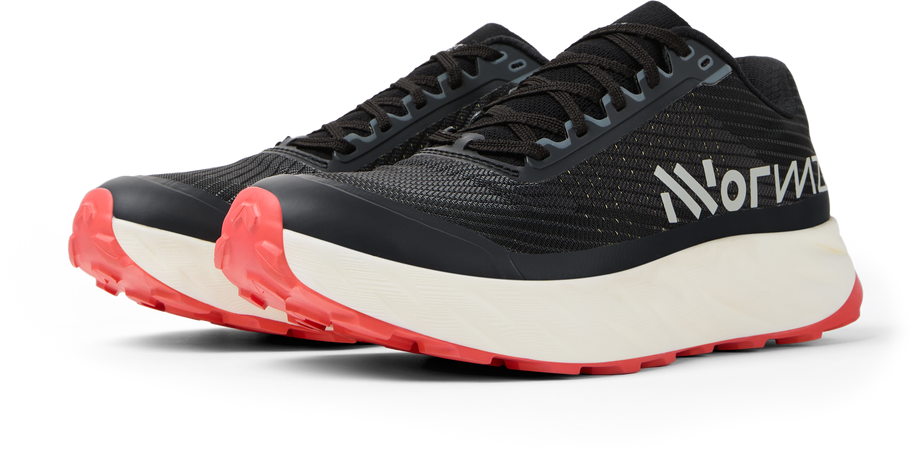 Kjerag 2 - Unisex by NNormal in black with red outsole, fast trail running shoe designed for responsiveness, comfort, and performance