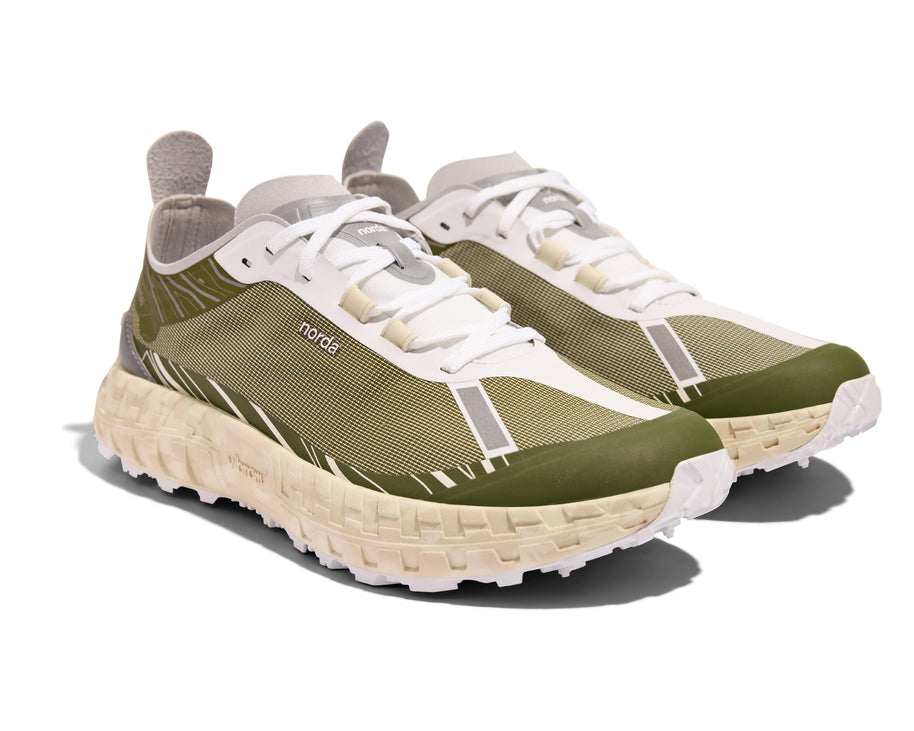 001 Glitch - Women by Norda in green and beige with seamless Bio-Dyneema upper and Vibram sole for lightweight trail running in Canada
