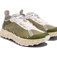 001 Glitch - Women by Norda in green and beige with seamless Bio-Dyneema upper and Vibram sole for lightweight trail running in Canada
