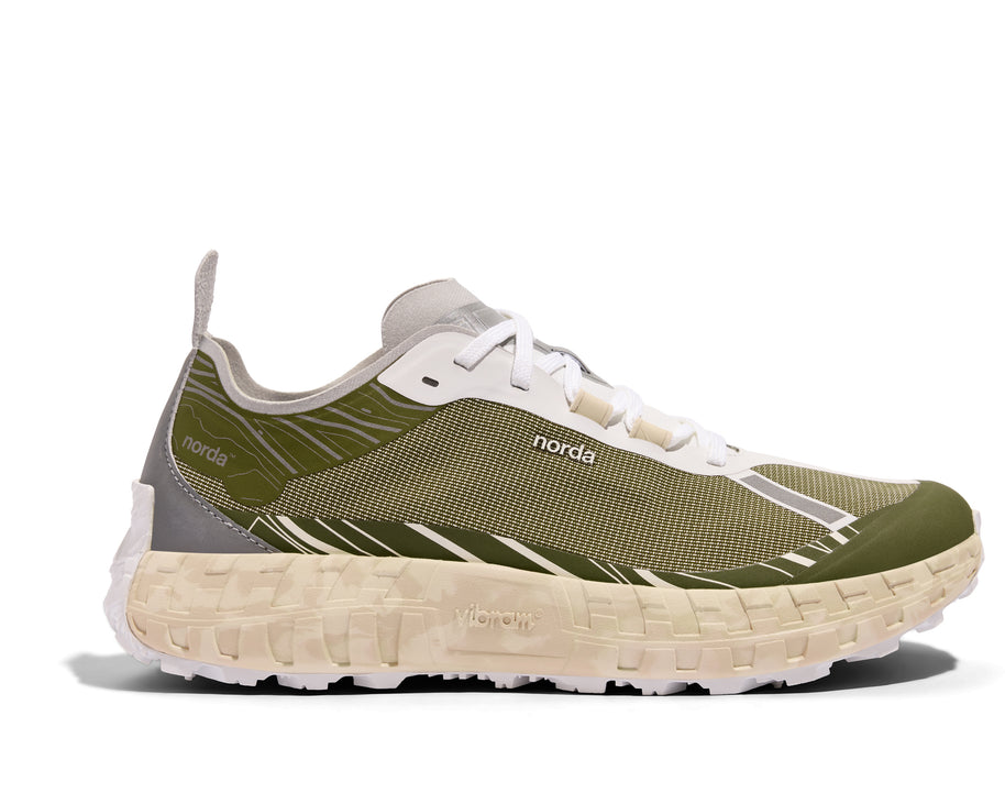 001 Glitch - Women by Norda in olive green and beige with seamless Bio-Dyneema upper, Vibram sole designed for lightweight trail running