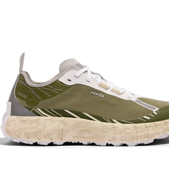 001 Glitch - Women by Norda in olive green and beige with seamless Bio-Dyneema upper, Vibram sole designed for lightweight trail running