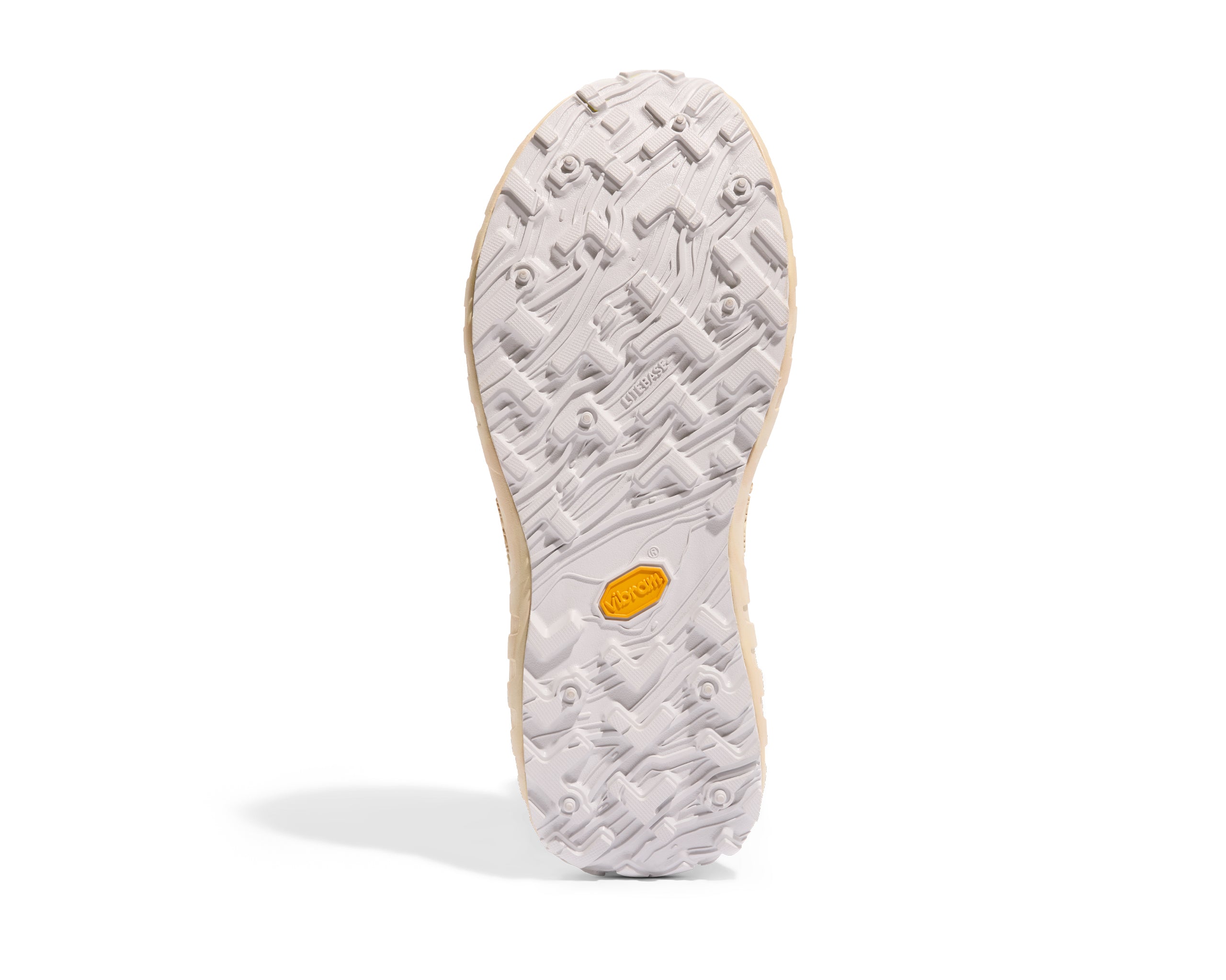 001 Glitch - Women by Norda in beige showing Vibram soleplate, lightweight trail shoe with Bio-Dyneema upper for running and hiking