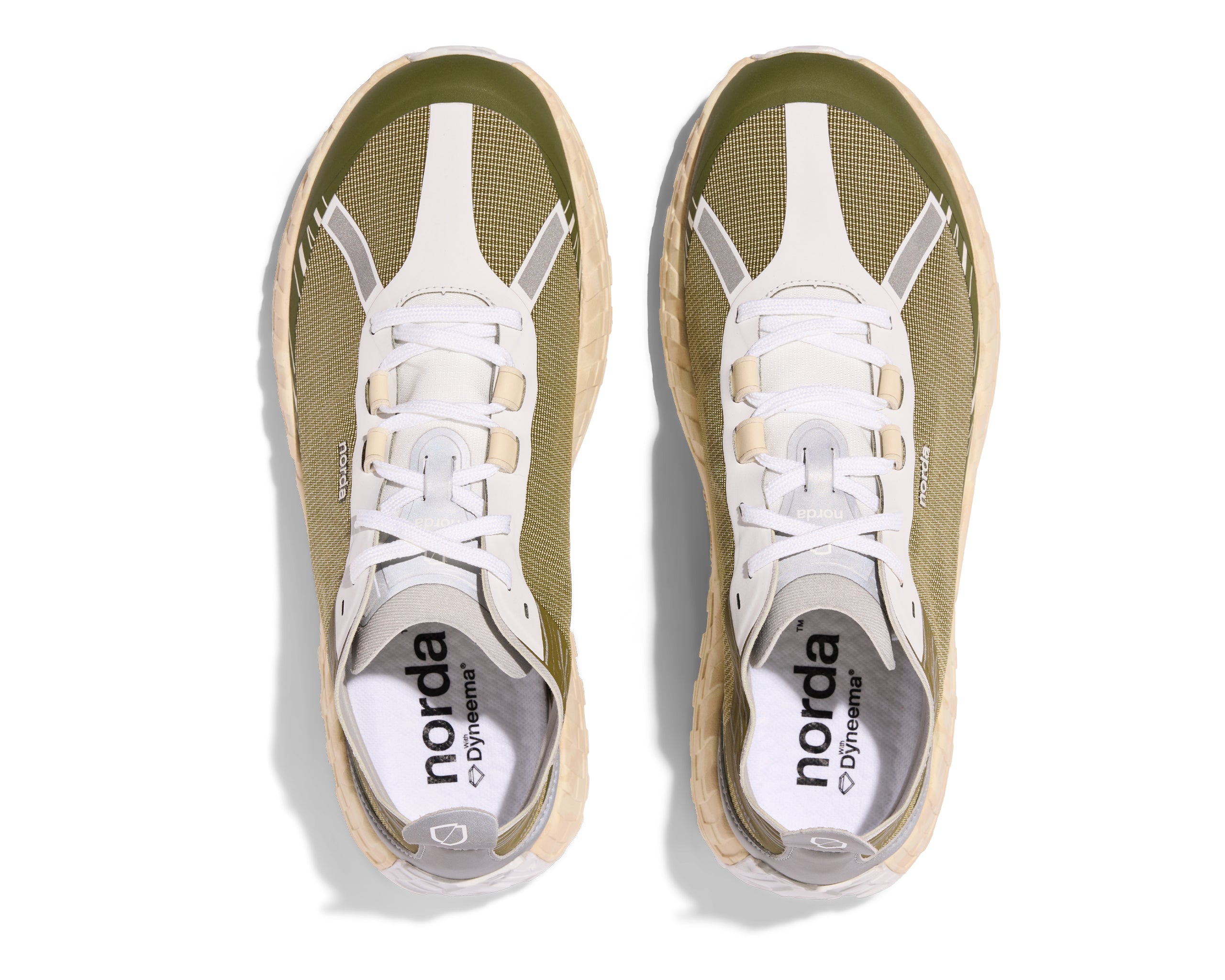 001 Glitch - Women by Norda in olive and white with seamless Bio-Dyneema® upper and Vibram® sole for lightweight trail running