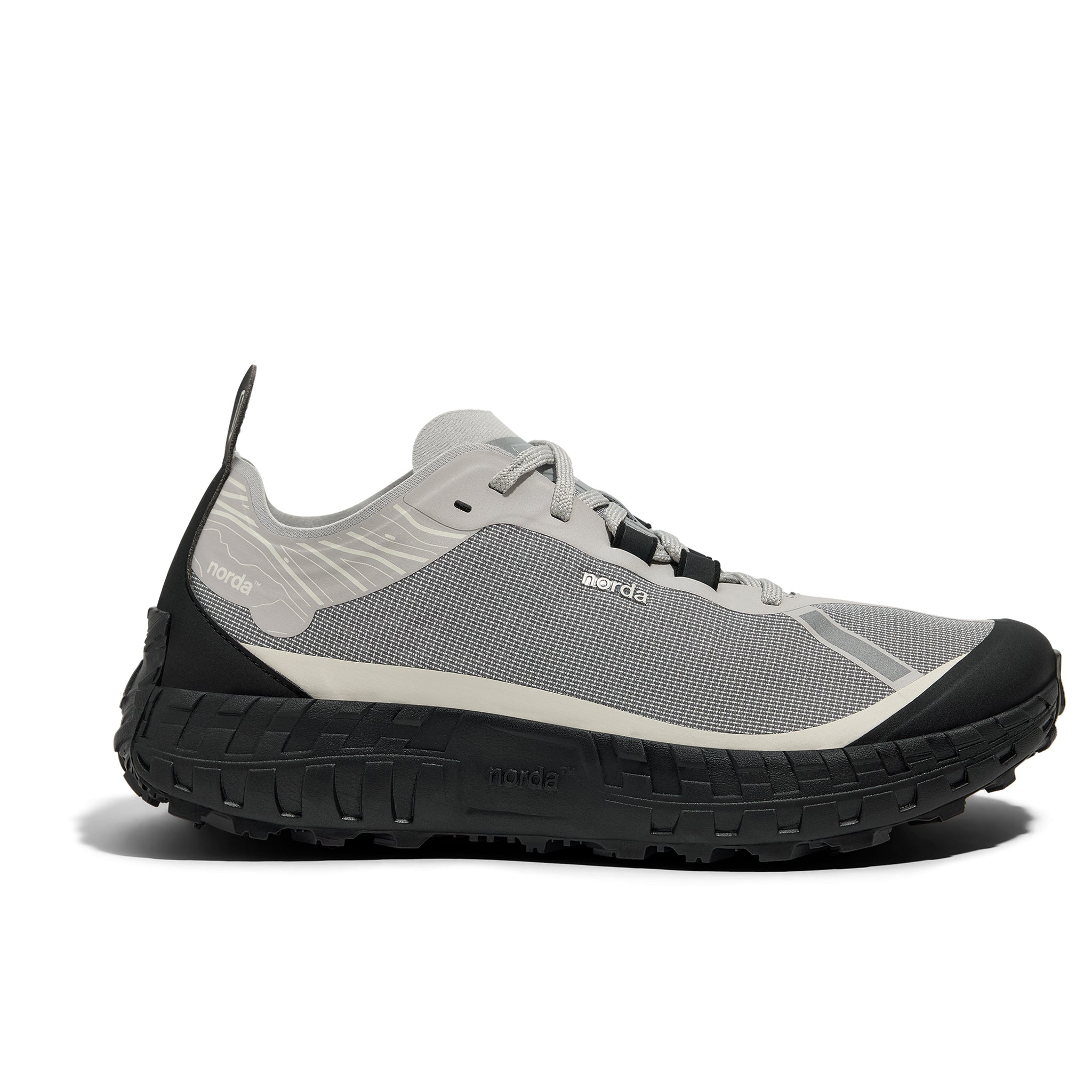 001A - Pewter - Women by Norda in grey with black sole, lightweight trail shoe featuring Arnitel TPEE midsole for comfort on outdoor pursuits