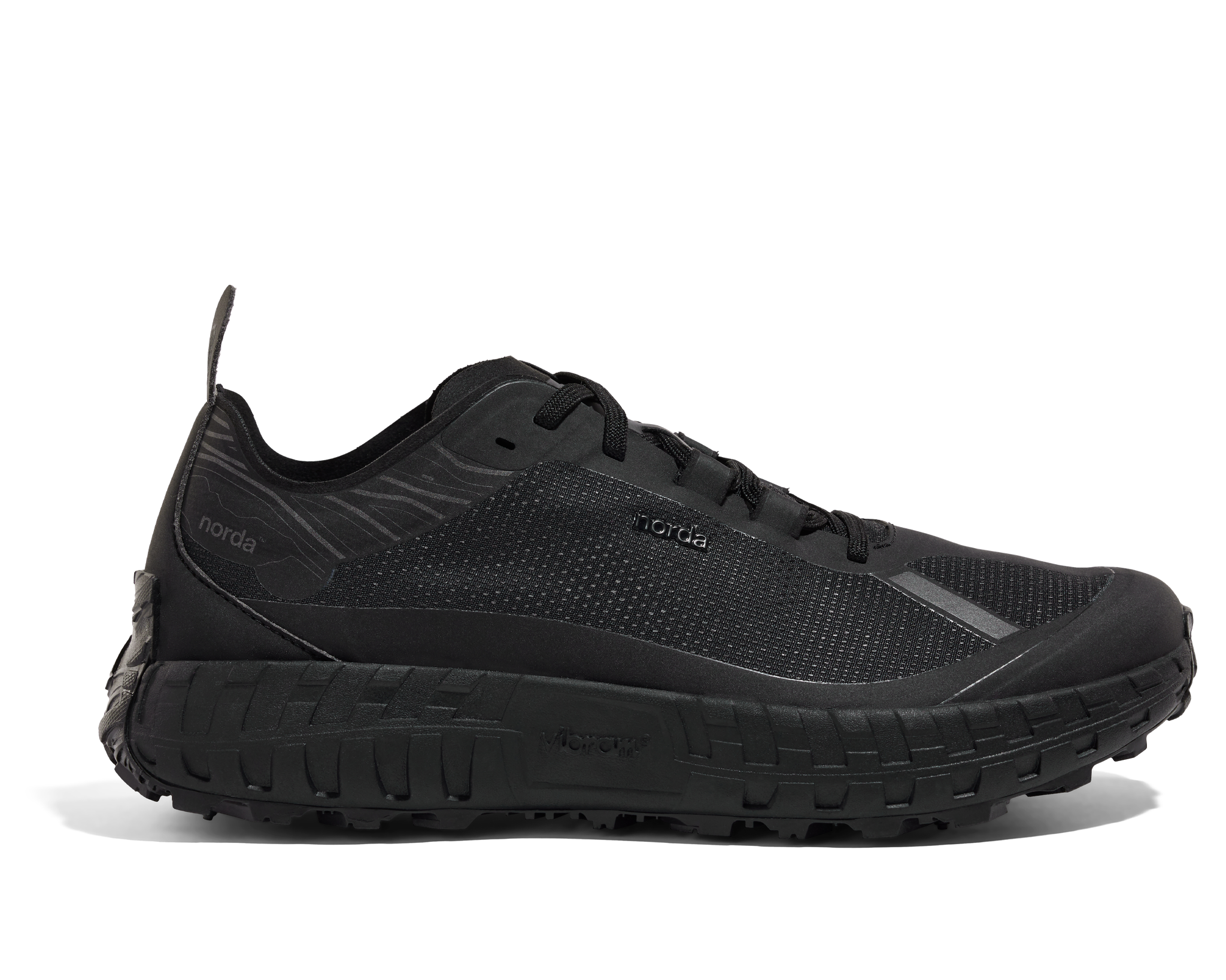 001 Core - Women by Norda in black lightweight trail shoe with seamless Bio-Dyneema upper and Vibram sole for running and outdoor use