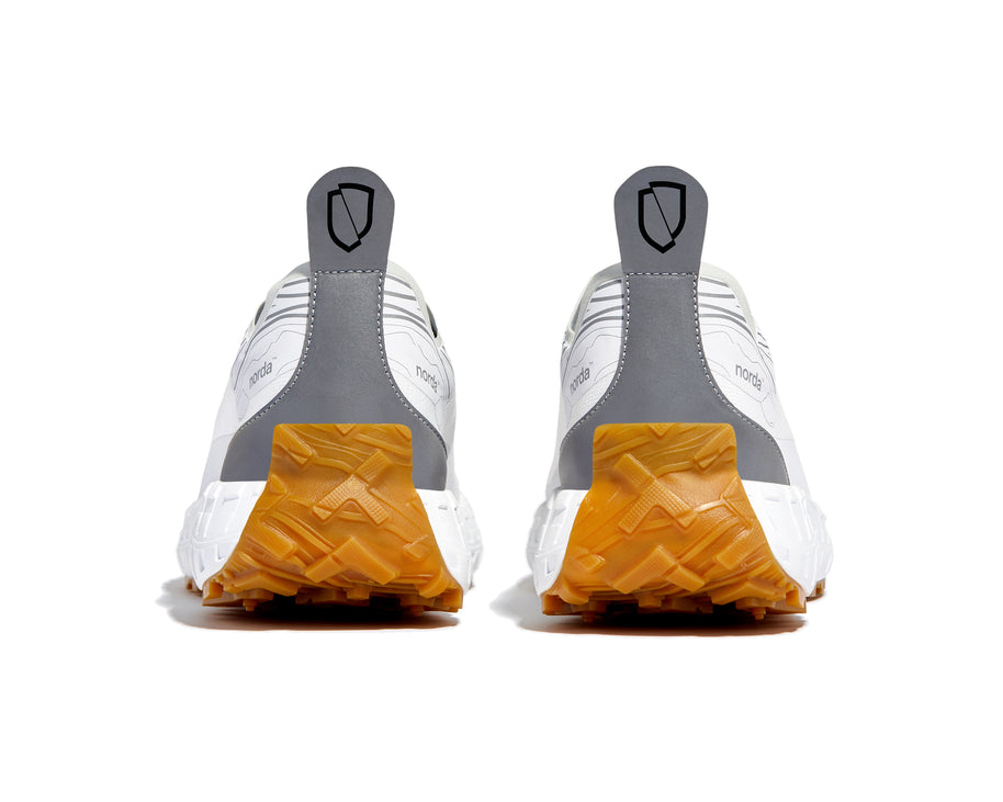 001 Core - Women by Norda in white and grey with Vibram sole and Bio-Dyneema upper, lightweight trail running shoe from Canada