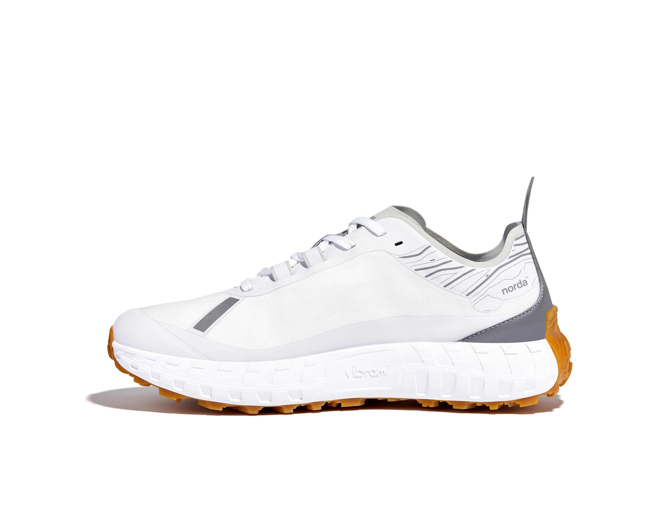 001 Core - Women by Norda in white and grey with orange Vibram sole, lightweight trail shoe with Bio-Dyneema upper for running and hiking