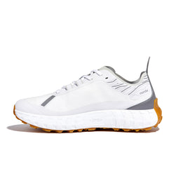 001 Core - Women by Norda in white and grey with orange Vibram sole, lightweight trail shoe with Bio-Dyneema upper for running and hiking