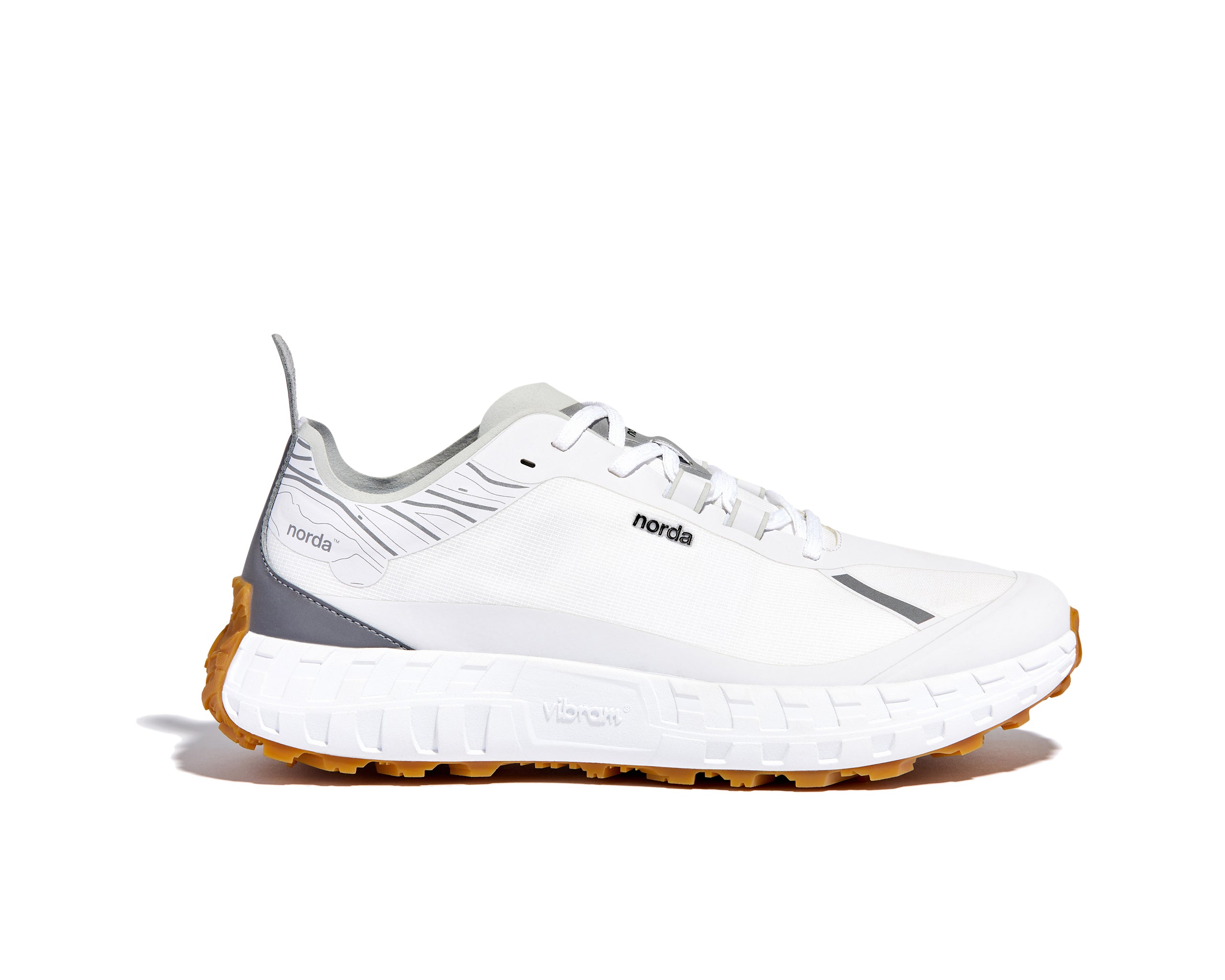 001 Core - Women by Norda in white and grey with Bio-Dyneema upper and Vibram sole designed for lightweight trail running and outdoor use