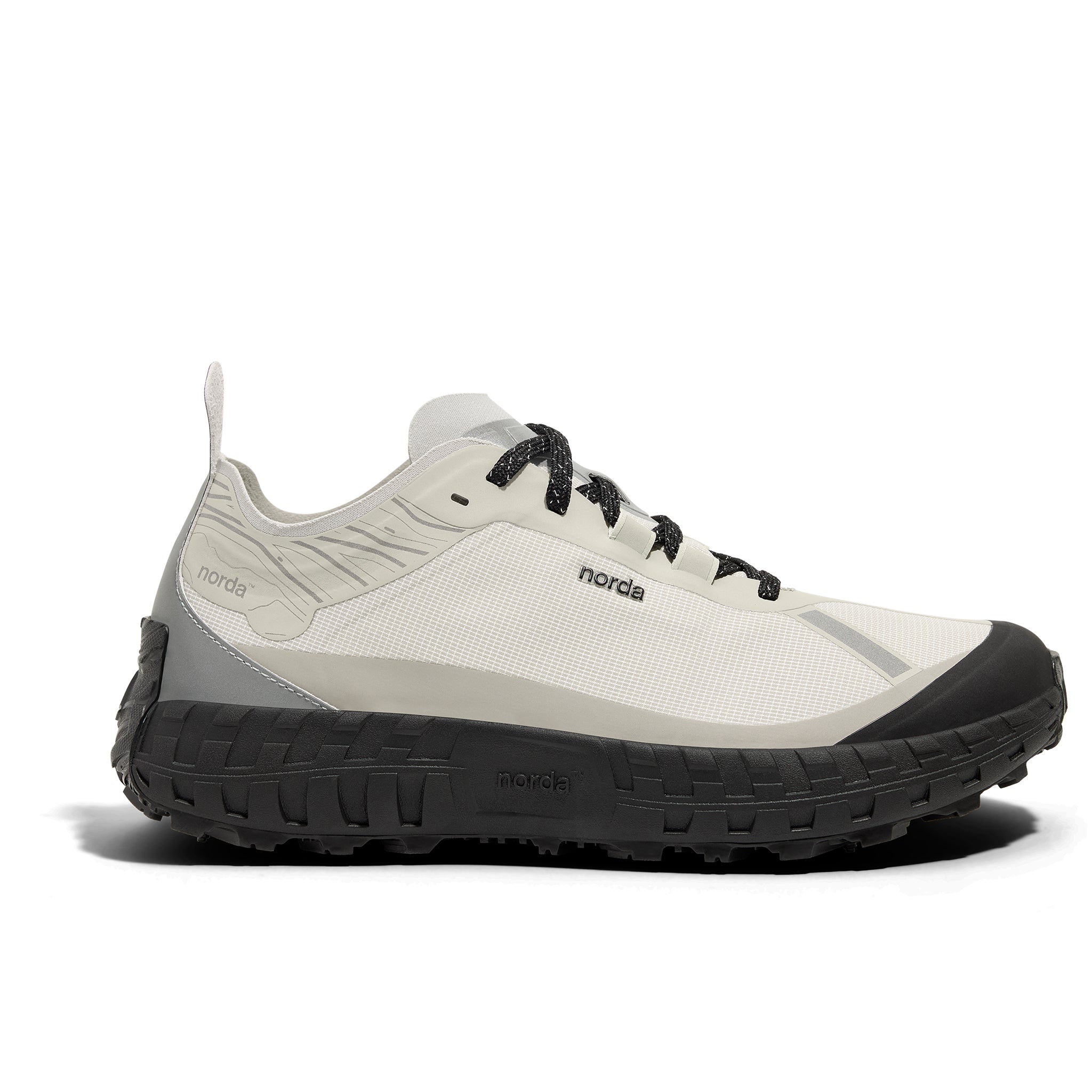 001A - Cinder - Men by Norda in light grey and black, lightweight trail shoe with Arnitel TPEE midsole for comfort on rugged outdoor trails