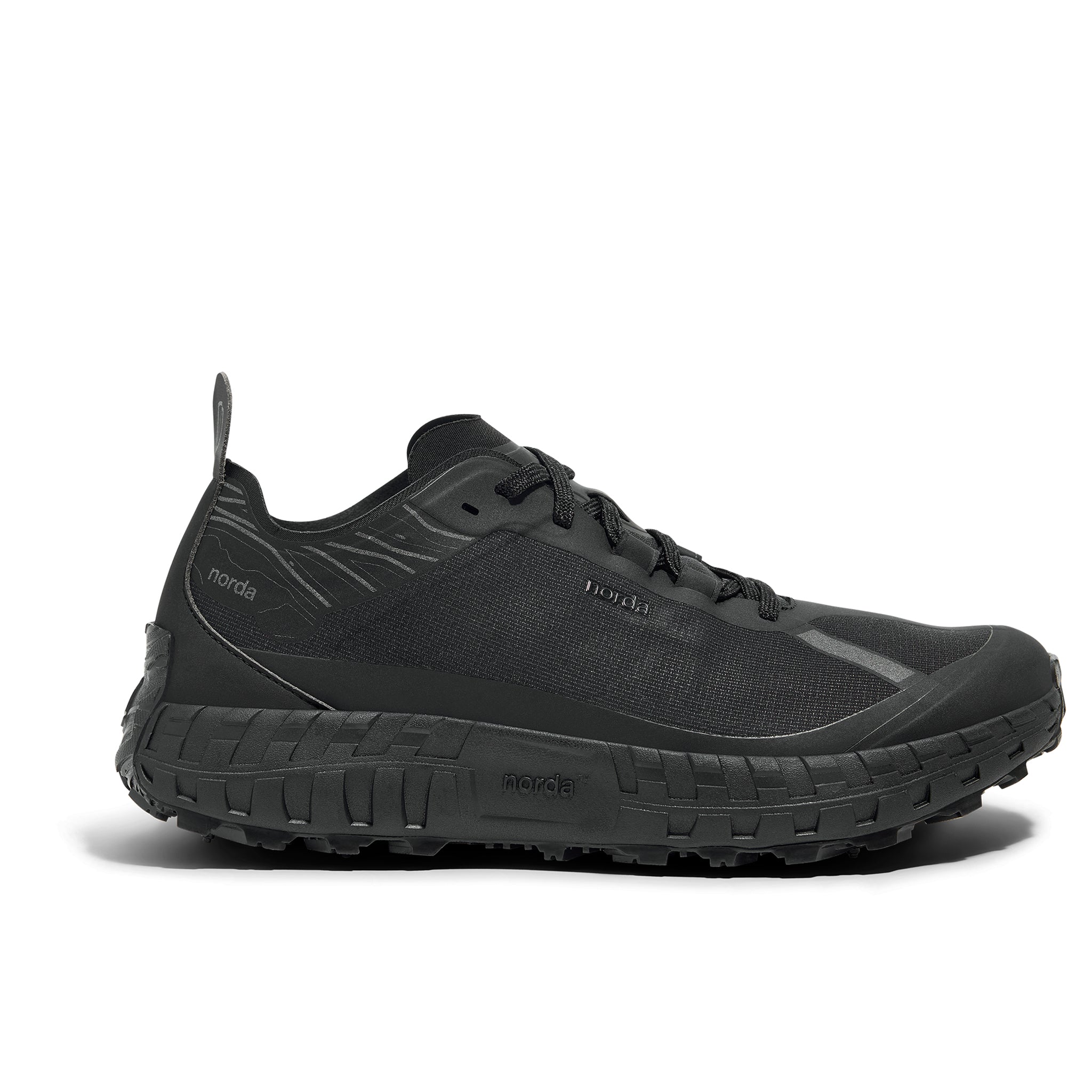 001A - Stealth Black - Men by Norda, lightweight trail shoe with Arnitel TPEE midsole for comfort on outdoor running and mindful pursuits