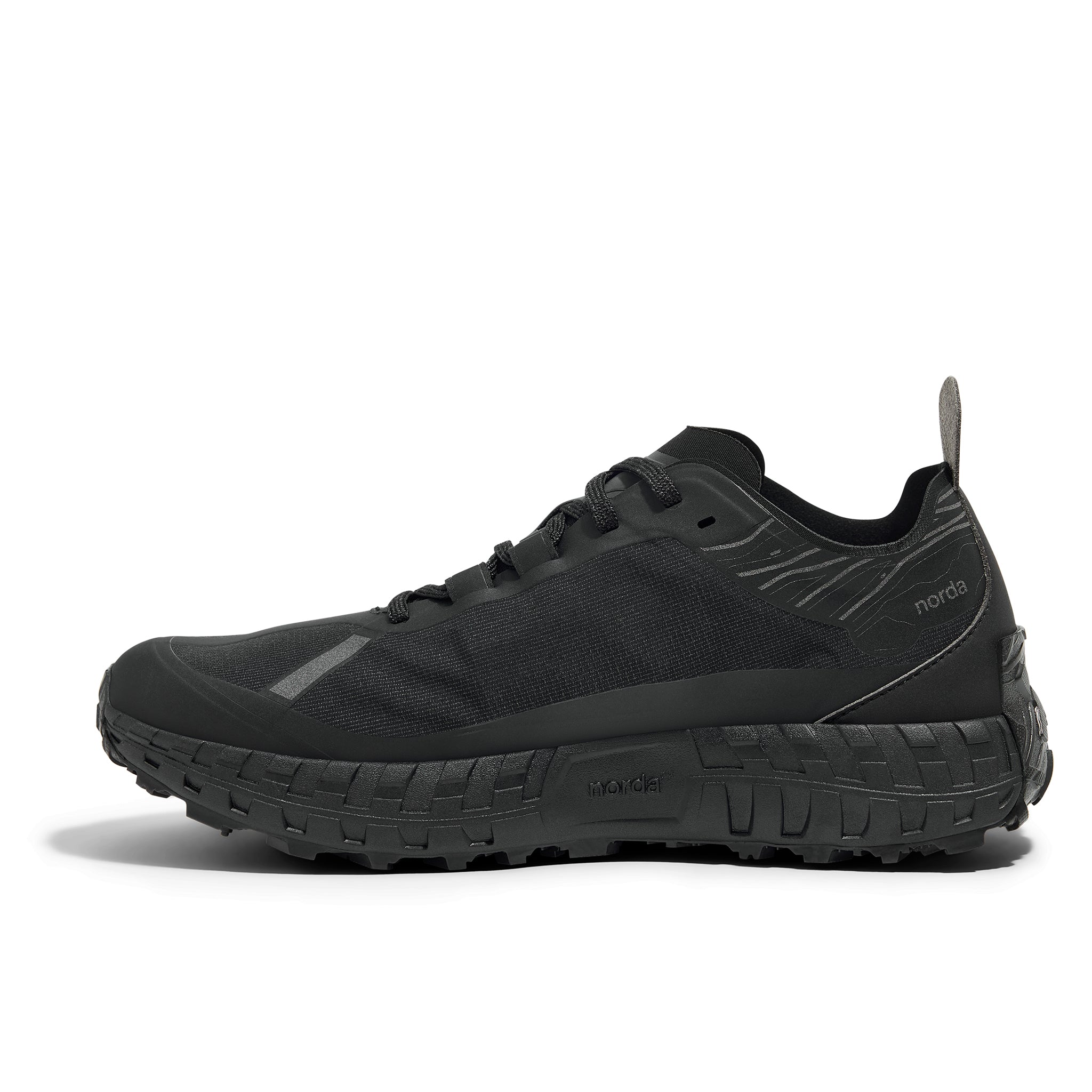 001A G+ - Stealth Black - Women by Norda, lightweight trail running shoe with Arnitel TPEE midsole for comfort and durability on rugged trails