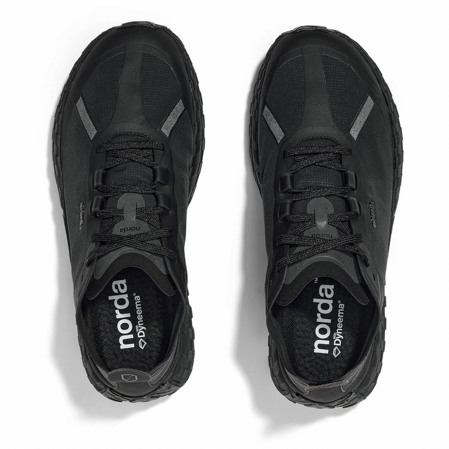001A - Stealth Black - Men by Norda, lightweight trail shoe in black with Arnitel TPEE midsole for comfort on mindful outdoor runs