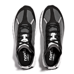 001 Core - Women by Norda in black and grey with Bio-Dyneema upper and Vibram sole designed for lightweight trail running