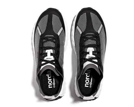 001 Core - Women by Norda in black and grey with Bio-Dyneema upper and Vibram sole designed for lightweight trail running