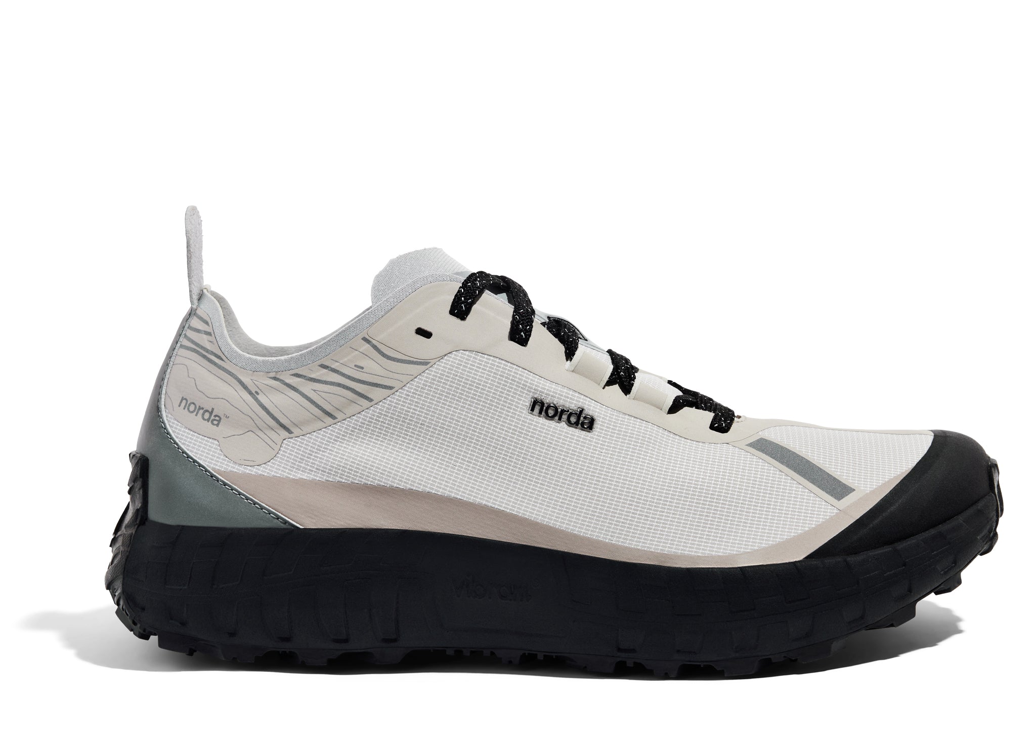 001 Core - Women by Norda in white, beige, and black with Bio-Dyneema upper and Vibram sole for lightweight trail running in Canada