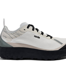 001 Core - Women by Norda in white, beige, and black with Bio-Dyneema upper and Vibram sole for lightweight trail running in Canada