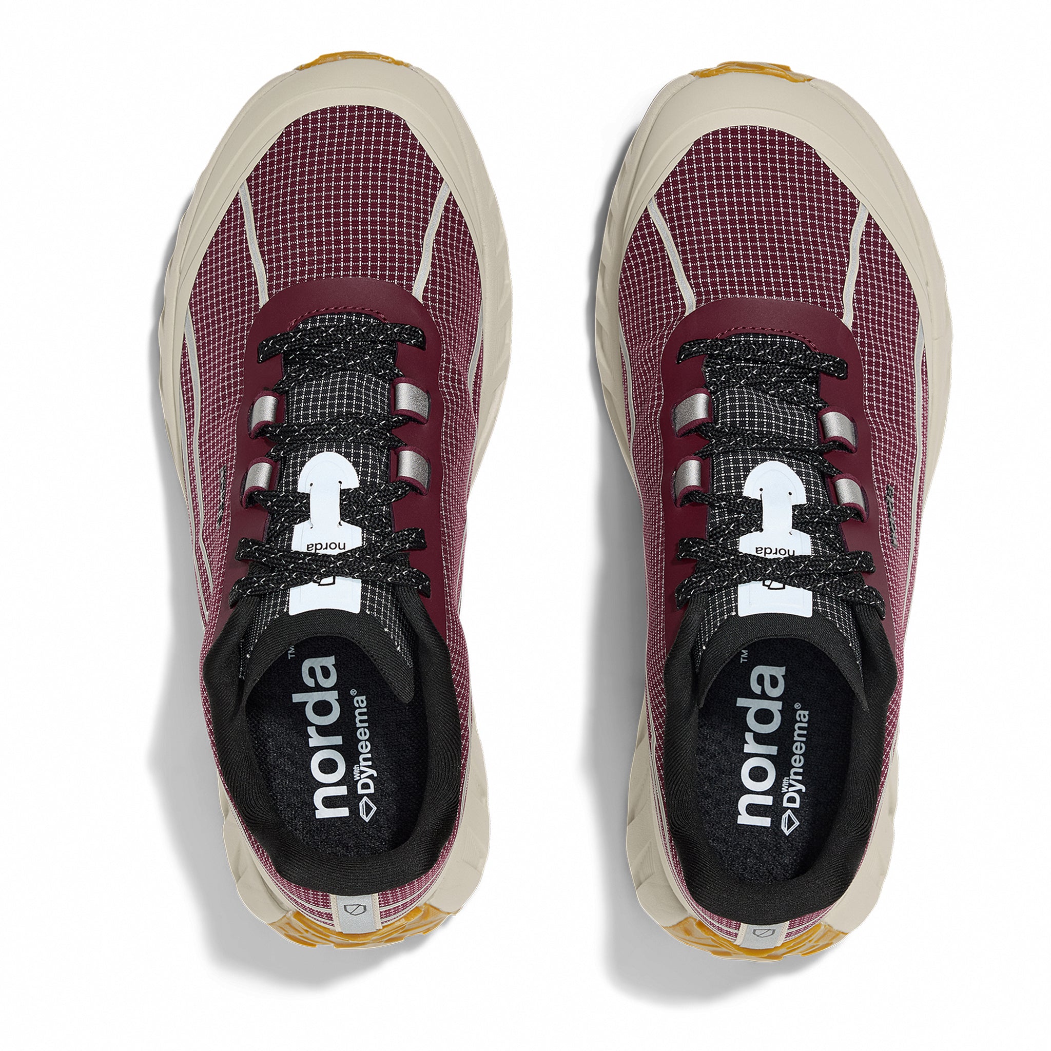 002 - Amaranth - Men by Norda in amaranth and beige, responsive trail running shoe with bio-based Dyneema® for technical terrain and ground feel