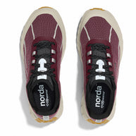 002 - Amaranth - Men by Norda in amaranth and beige, responsive trail running shoe with bio-based Dyneema® for technical terrain and ground feel