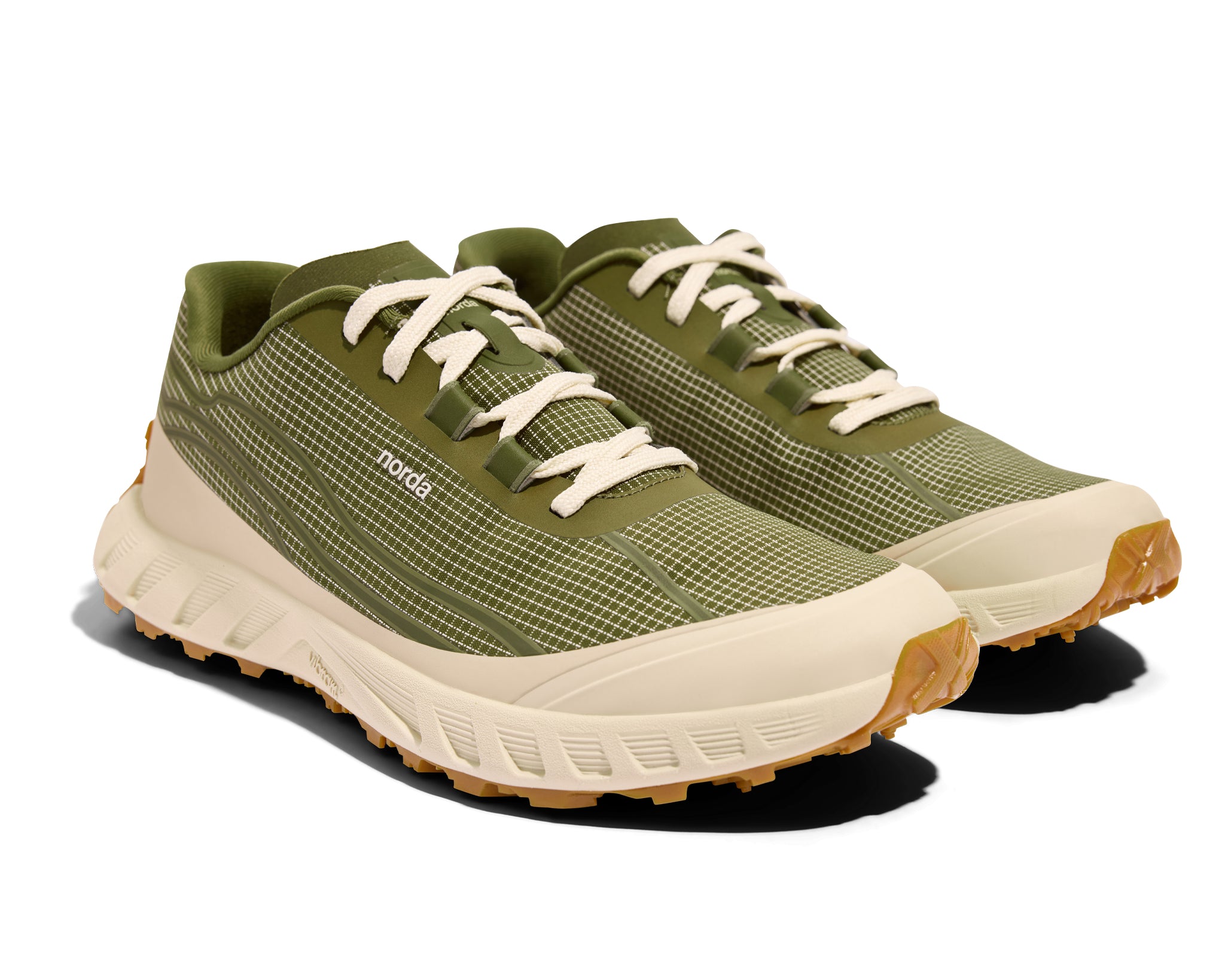 002 Sage - Men by Norda in olive green and beige with bio-based Dyneema®, responsive trail running shoes for technical terrain and outdoor use