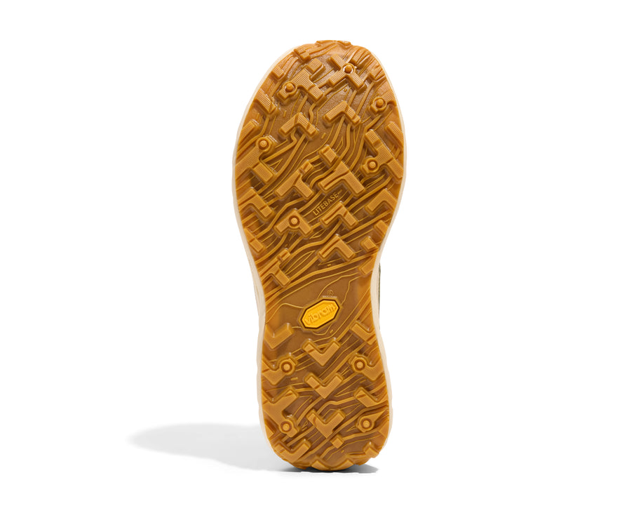 002 Sage - Men by Norda in tan and white showing Vibram sole, responsive trail running shoe with bio-based Dyneema® for technical terrain use