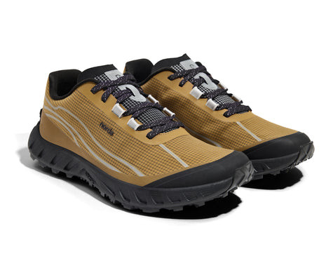 002 Oak - Women by Norda in tan and black with bio-based Dyneema, responsive trail running shoe for technical terrain and outdoor use