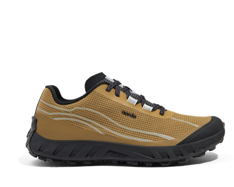 002 Oak - Women by Norda in tan and black trail running shoe with bio-based Dyneema, low stack height for technical terrain running