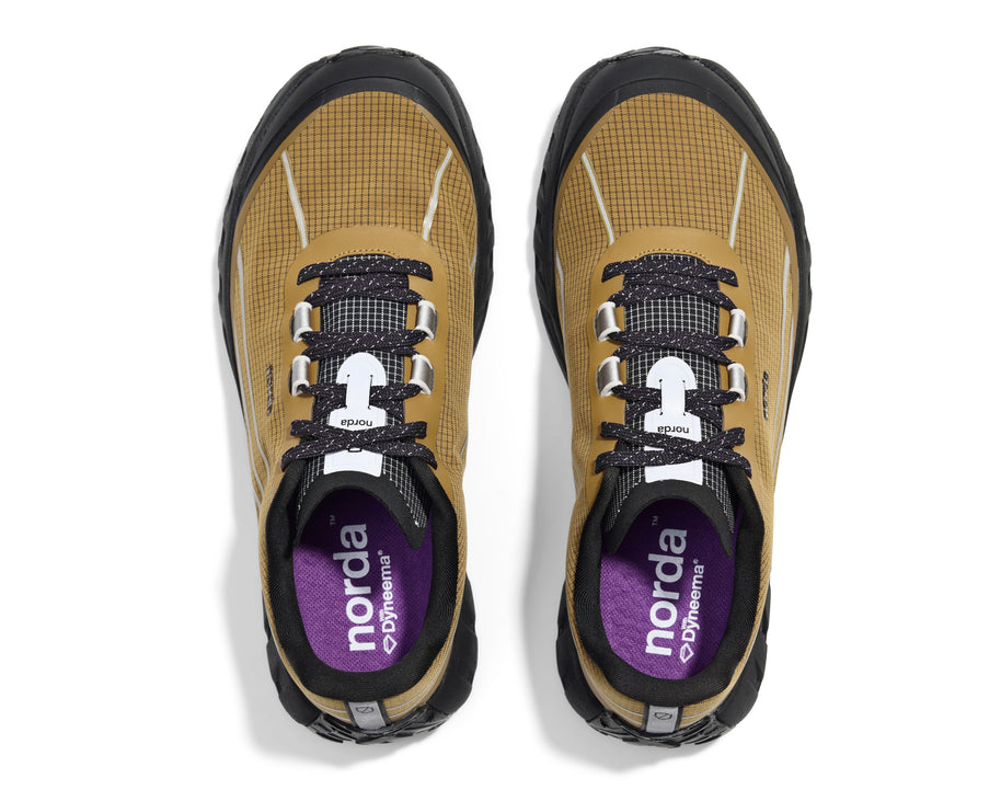 002 Oak - Women by Norda in yellow and black with bio-based Dyneema, low stack height trail running shoe for technical terrain