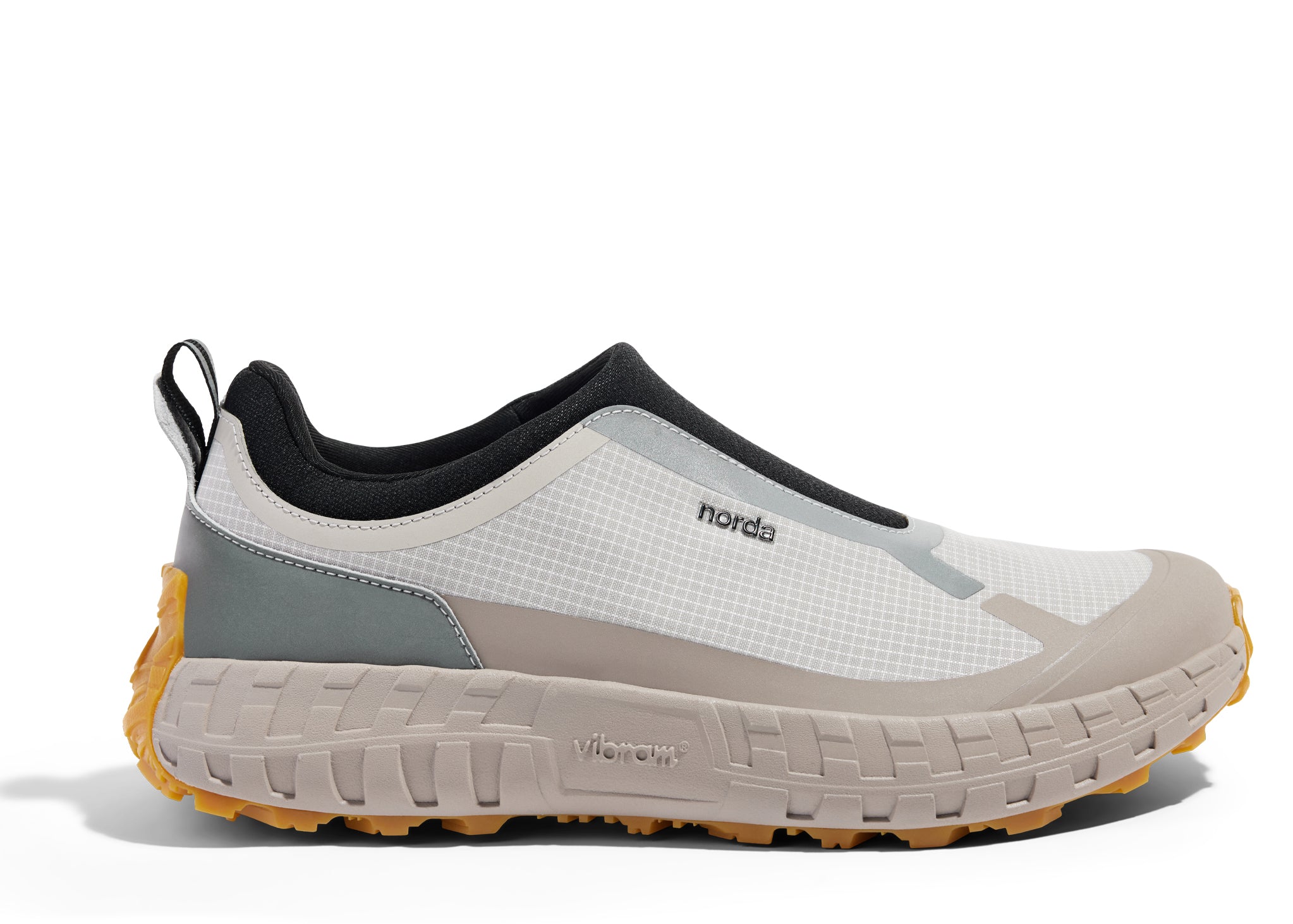 003 - Women by Norda in beige, black, and grey laceless approach shoe with Vibram sole designed for hiking, scrambling, and trail running in Canada