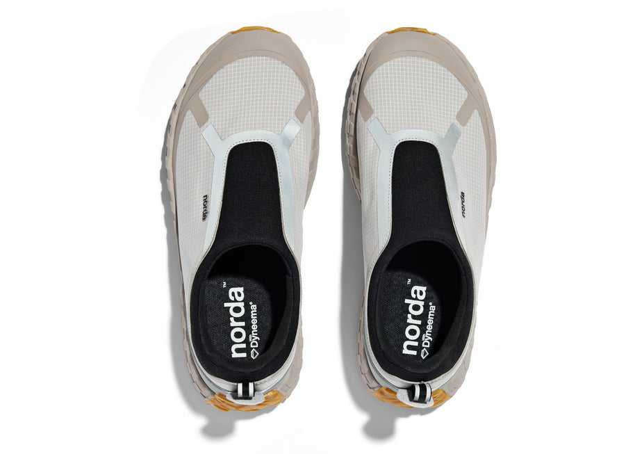 003 - Women by Norda in light beige and grey, laceless approach shoe with Vibram soleplate for hiking, scrambling, and trail running