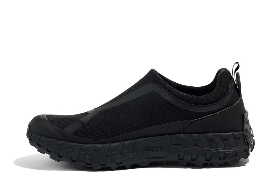 003 - Women by Norda in black laceless approach shoe with Vibram soleplate, durable and supportive for hiking, scrambling, and running