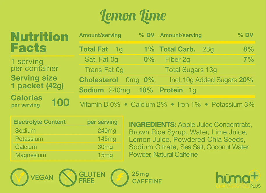 Chia Plus Energy Gel - Lemon ­Lime by Huma in yellow-green, electrolyte-rich vegan gel with added caffeine for enhanced athletic hydration and energy