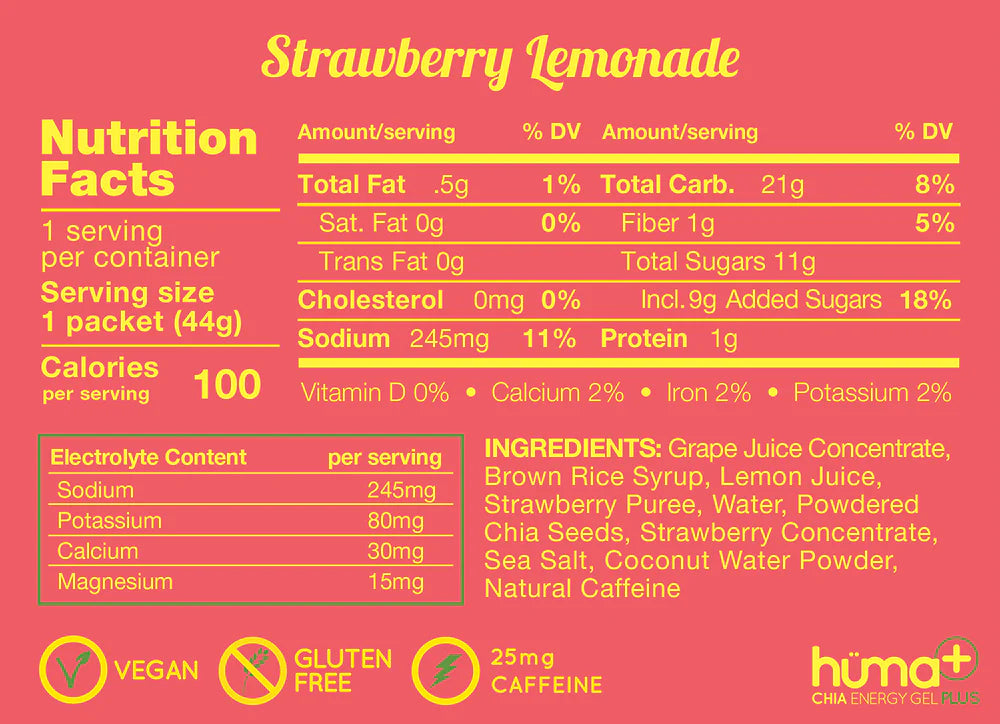 Chia Plus Energy Gel - Strawberry Lemonade by Huma in red and yellow, electrolyte-rich energy gel with doubled electrolytes for endurance and recovery