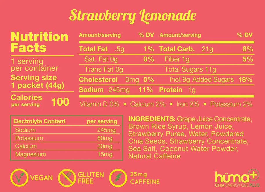 Chia Plus Energy Gel - Strawberry Lemonade by Huma in red and yellow, electrolyte-rich energy gel with doubled electrolytes for endurance and recovery