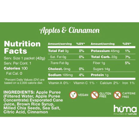 Chia Energy Gel - Apple Cinnamon by Huma in natural colors, vegan, gluten and caffeine free with real fruit puree and chia seeds for nutrition