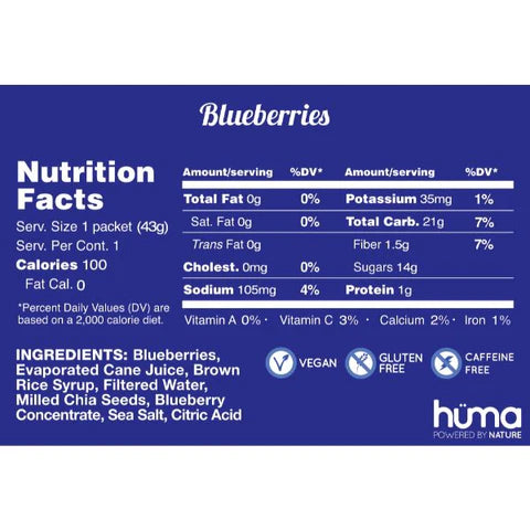 Chia Energy Gel - Blueberry by Huma in blue packaging, all-natural energy gel with real fruit puree, chia seeds, vegan and gluten free ideal for running