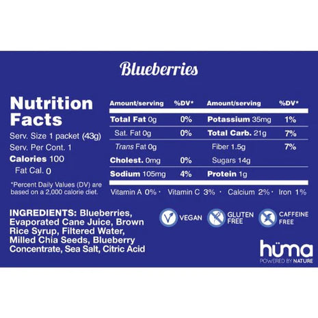 Chia Energy Gel - Blueberry by Huma in blue packaging, all-natural energy gel with real fruit puree, chia seeds, vegan and gluten free ideal for running