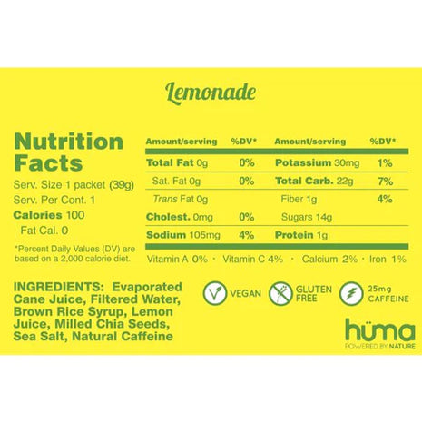 Chia Energy Gel - Lemonade w/Caffeine by Huma in yellow packaging, all-natural energy gel with real fruit puree, chia seeds, vegan, gluten free, 25mg caffeine, ideal for running and outdoor nutrition.