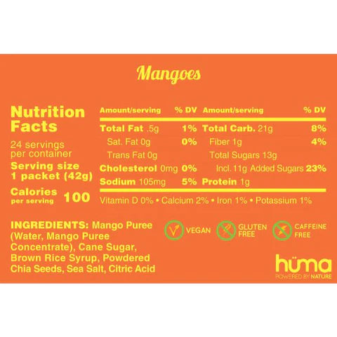 Chia Energy Gel - Mango by Huma in orange packaging, all-natural vegan energy gel with real mango puree and chia seeds, gluten and caffeine free, ideal for running and outdoor nutrition.