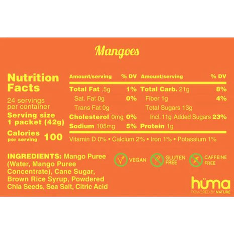 Chia Energy Gel - Mango by Huma in orange packaging, all-natural vegan energy gel with real mango puree and chia seeds, gluten and caffeine free, ideal for running and outdoor nutrition.