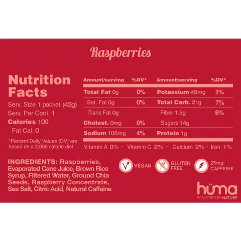 Chia Energy Gel - Raspberry w/Caffeine by Huma in red packaging, all-natural energy gel with real fruit puree, chia seeds, caffeine for running and nutrition