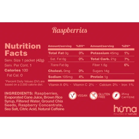 Chia Energy Gel - Raspberry w/Caffeine by Huma in red packaging, all-natural energy gel with real fruit puree, chia seeds, caffeine for running and nutrition