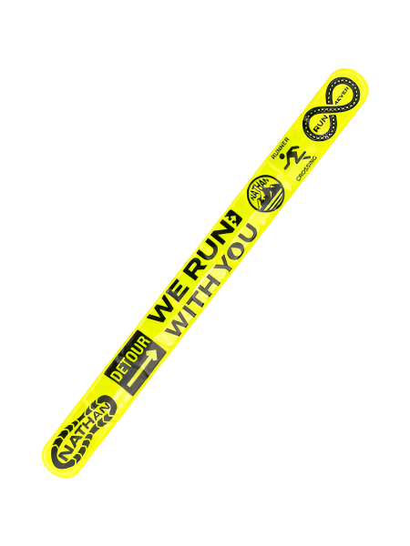 Nathan Reflex Bands in Hi Viz Yellow laid flat, showing We Run With You and infinity road prints