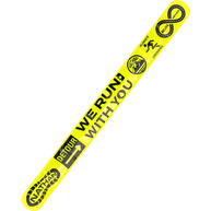 Nathan Reflex Bands in Hi Viz Yellow laid flat, showing We Run With You and infinity road prints