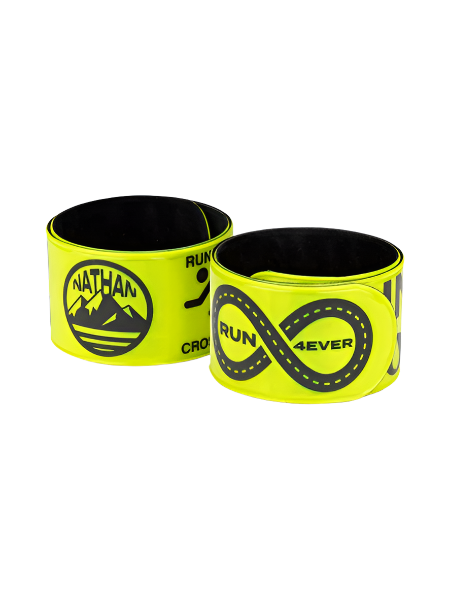 Pair of Nathan Reflex Bands in Hi Viz Yellow, curled slap bands with black running graphics
