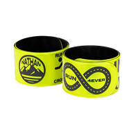 Pair of Nathan Reflex Bands in Hi Viz Yellow, curled slap bands with black running graphics