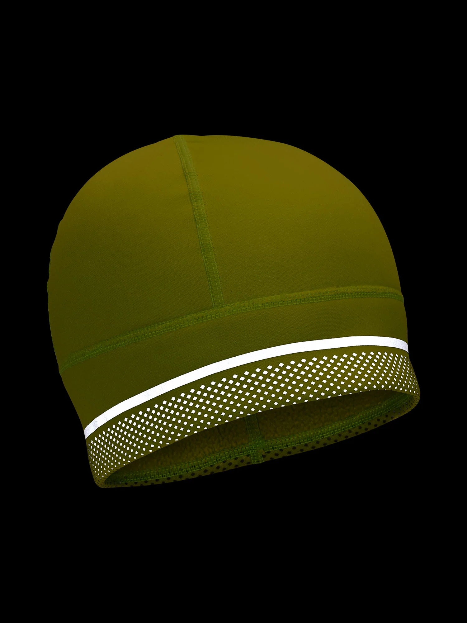 HyperNight Reflective Beanie in olive green by Nathan, lightweight stretch knit with reflective band for night running comfort and visibility